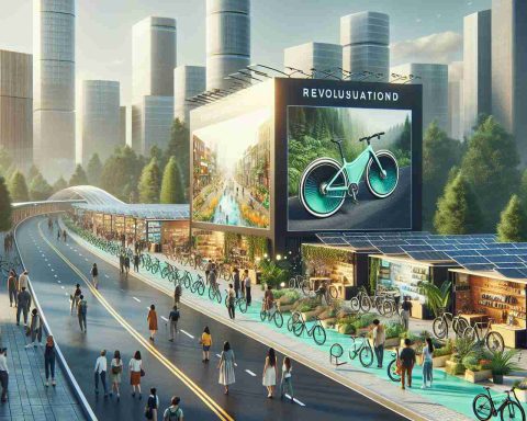 Generate a high-definition, realistic image showcasing the revolution of the cycling industry oriented towards sustainability. This scene should include a variety of bicycles made from eco-friendly materials on display in a beautiful, green cityscape. To the side, there are large posters explaining the environmental benefits of these sustainable bicycles. The city should have thriving vegetation and solar panels on roofs, hinting at a society dedicated to green initiatives. People of various descents and genders are passing by, admiring the bicycles while engaging in conversations about the sustainability of the cycling industry.