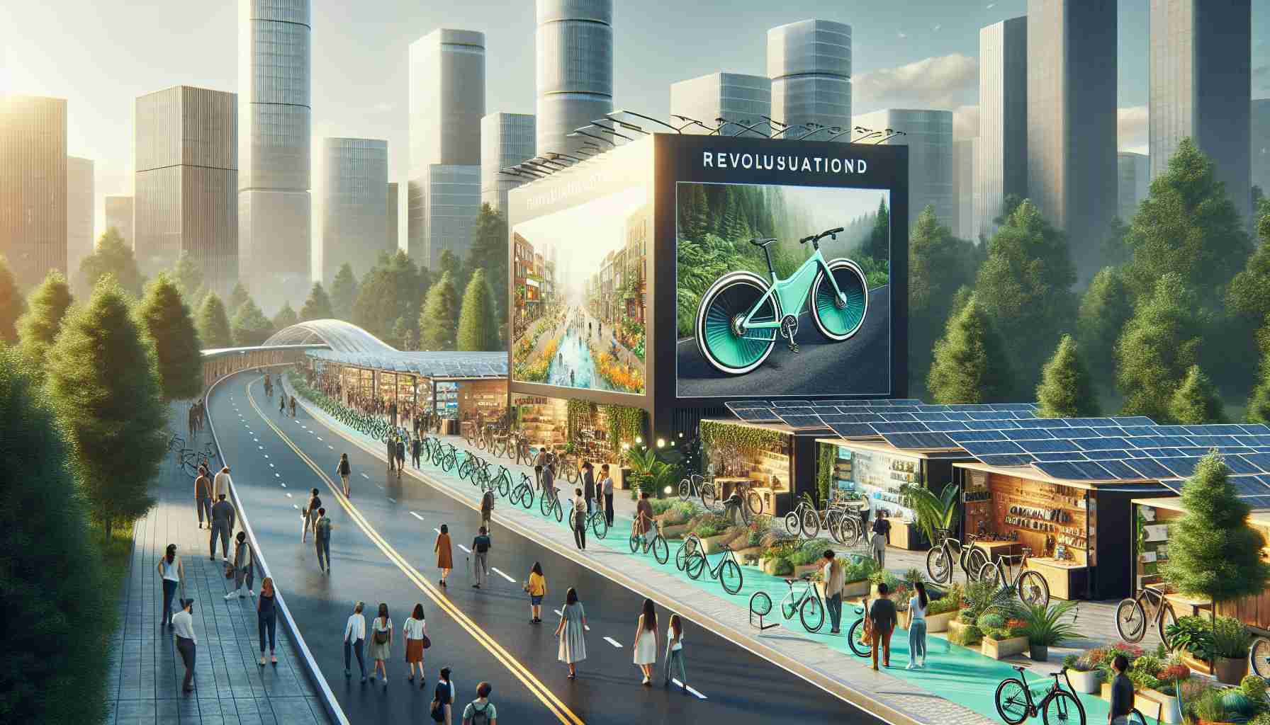 Generate a high-definition, realistic image showcasing the revolution of the cycling industry oriented towards sustainability. This scene should include a variety of bicycles made from eco-friendly materials on display in a beautiful, green cityscape. To the side, there are large posters explaining the environmental benefits of these sustainable bicycles. The city should have thriving vegetation and solar panels on roofs, hinting at a society dedicated to green initiatives. People of various descents and genders are passing by, admiring the bicycles while engaging in conversations about the sustainability of the cycling industry.