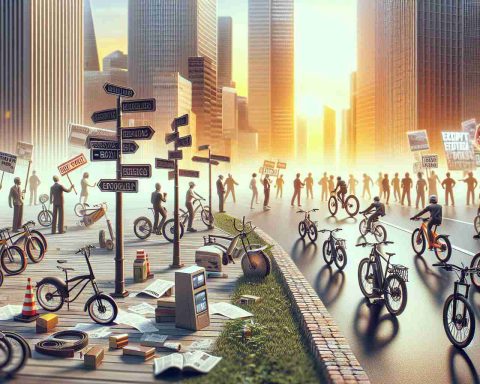 A high-definition image portraying a scenario in which electric bicycles, or e-bikes, are entering a new era. The scene may depict various models of e-bikes with modern technology and features. Showcase e-bikes in different settings that highlight how they might be used in this 'new era'. In the background, there are signs or indicators of controversy, perhaps people arguing, picketing signs, legal documents, newspaper headlines, or social media posts on screens about new regulations causing debate among riders.