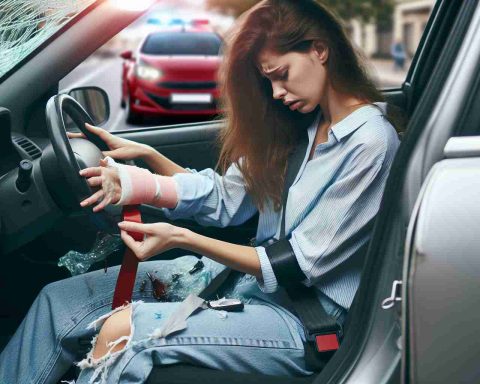 Realistic high-definition image of an alarming event: a Caucasian woman's impaired driving results in a serious accident causing injury.