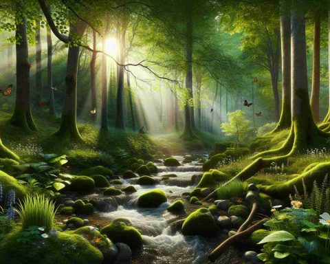 Generate a high-definition, realistic image showcasing the serenity one can find in nature. The scene could depict a peaceful forest with sunrays filtering through the canopy of leafy trees, a babbling brook flowing over smooth stones, birds chirping in the distance. Include subtle details like fluttering butterflies, blooming wildflowers punctuating the greenery, and moss-covered tree trunks. The viewer should feel a sense of calmness and tranquility as if they have momentarily escaped the hustle and bustle of the city to find peace in the heart of nature.