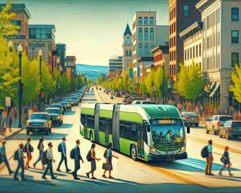 A detailed panoramic image of Missoula painted in realistic, high definition. Emphasize the freshness and vitality of this city's green revolution, as depicted by electric buses gliding effortlessly, leading the way as they roam the city's streets. Capture this amazing progress unfolding in real-time as a tangible testament to clean energy and sustainable public transportation. People of various descents and genders can be seen embarking and disembarking these buses, significantly contributing to the dynamic town life and the bustling city view.