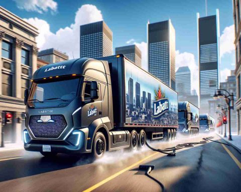 High-definition, life-like illustration of a fleet of 10 new electric trucks from Labatt Breweries making their way through the cityscape of Montreal. The trucks should bear the distinct branding of the brewery, and visible charging ports indicative of their electric nature. The backdrop should include the characteristic landmarks of Montreal city, under a blue, sunny sky. Simulate a sense of motion to convey they are hitting the road.