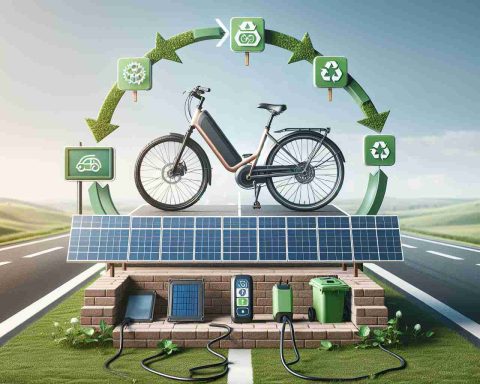 Generate a realistic, high-definition image depicting a concept of 'Upgrade Your Ride! A Smart Way to Go Green'. It should consist of a traditional bicycle transforming into an electric bicycle, indicating a shift towards more sustainable modes of transport. Also include elements like solar panels, recycling symbols, and green plants to emphasize the idea of environmental friendliness. Make sure to include a road in the background to place the bike in context.