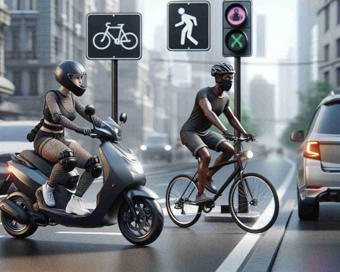 An HD-quality, realistic image depicting a scene where a female Caucasian individual in protective athletic gear is riding a scooter on a busy city street. Beside her, a male Black individual on a bicycle is also navigating the traffic. Both individuals are following traffic rules diligently. Clearly Visible signs indicating traffic rules for cyclists and scooter riders are present in the cityscape.