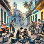 Generate a high-definition, realistic image depicting the scenario of thwarting electric motorcycle thefts in Cuba. The scene should include individuals engrossed in the act of securing their bikes using various anti-theft devices like locks, alarms, and GPS tracking systems. The environment should reflect a quintessential Cuban city street with colorful colonial-style houses, palm trees, and classic cars, combined with the contemporary presence of electric motorcycles. Spread diverse individuals across the picture – a Middle-Eastern woman fastening a heavy-duty lock, a Caucasian man activating an alarm system, and a South Asian man setting up a GPS tracker on his motorcycle.