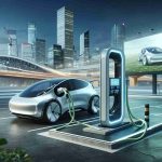 Create a realistic, high-definition illustration of a futuristic electric vehicle charging station. The station is shiny and sleek, with a large plug connected to a state of the art electric vehicle. The backdrop is a mix of urban and natural elements, suggesting a shift in the environment due to this new technology. Include a digital billboard in the scene that questions whether this novel electric charging system is indeed a revolutionary game changer, or just another addition to the existing landscape of electric vehicles.