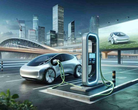 Create a realistic, high-definition illustration of a futuristic electric vehicle charging station. The station is shiny and sleek, with a large plug connected to a state of the art electric vehicle. The backdrop is a mix of urban and natural elements, suggesting a shift in the environment due to this new technology. Include a digital billboard in the scene that questions whether this novel electric charging system is indeed a revolutionary game changer, or just another addition to the existing landscape of electric vehicles.