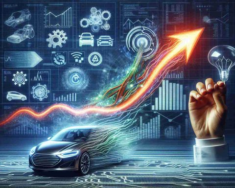 Create a highly detailed and realistic image representing the concept of a surprising twist in the stock of a technological company specializing in electric vehicles. Use symbolic elements to portray the surge in value, such as a line graph with an upward trend or an arrow shooting upwards. Incorporate depictions of innovative technology that might be contributing to the surge.