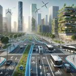 A high-definition, realistic image showcasing innovative and sustainable solutions revolutionizing urban transport. The scene captures a bustling city with wide sidewalks and dedicated bicycle lanes, promoting non-motorized transport. Electric buses and solar-powered vehicles effortlessly glide on smart roads equipped with IoT technologies ensuring efficient traffic management. In the backdrop, skyscrapers fitted with vertical gardens and wind turbines signify the integration of renewable energy. Charging stations dotted throughout, Aerial drones hovering, offering swift deliveries, and pedestrians of diverse descents, embodying gender balance, use smart devices running on renewable energy for navigation.