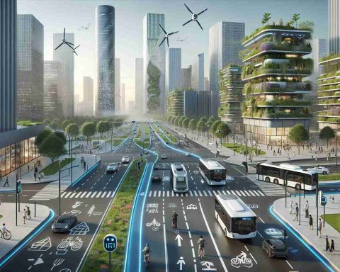 A high-definition, realistic image showcasing innovative and sustainable solutions revolutionizing urban transport. The scene captures a bustling city with wide sidewalks and dedicated bicycle lanes, promoting non-motorized transport. Electric buses and solar-powered vehicles effortlessly glide on smart roads equipped with IoT technologies ensuring efficient traffic management. In the backdrop, skyscrapers fitted with vertical gardens and wind turbines signify the integration of renewable energy. Charging stations dotted throughout, Aerial drones hovering, offering swift deliveries, and pedestrians of diverse descents, embodying gender balance, use smart devices running on renewable energy for navigation.