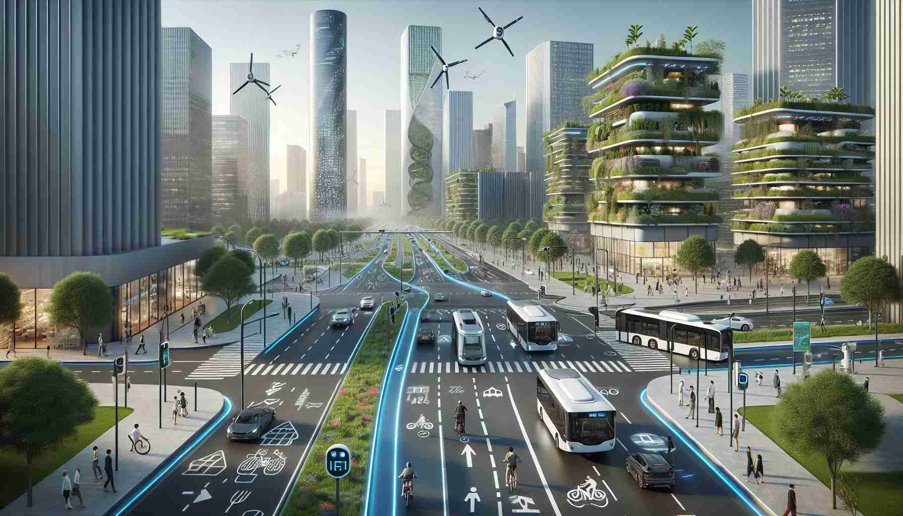 A high-definition, realistic image showcasing innovative and sustainable solutions revolutionizing urban transport. The scene captures a bustling city with wide sidewalks and dedicated bicycle lanes, promoting non-motorized transport. Electric buses and solar-powered vehicles effortlessly glide on smart roads equipped with IoT technologies ensuring efficient traffic management. In the backdrop, skyscrapers fitted with vertical gardens and wind turbines signify the integration of renewable energy. Charging stations dotted throughout, Aerial drones hovering, offering swift deliveries, and pedestrians of diverse descents, embodying gender balance, use smart devices running on renewable energy for navigation.