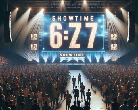 Generate a realistic, high-definition image depicting the exciting countdown to an event labelled 'Showtime Seven'. The image setting should be a large hall, decorated in anticipation of the event, maybe with large digital screens displaying diminishing time. The crowd is a mix of people, all eagerly waiting and looking towards the stage where the main event will unfold.