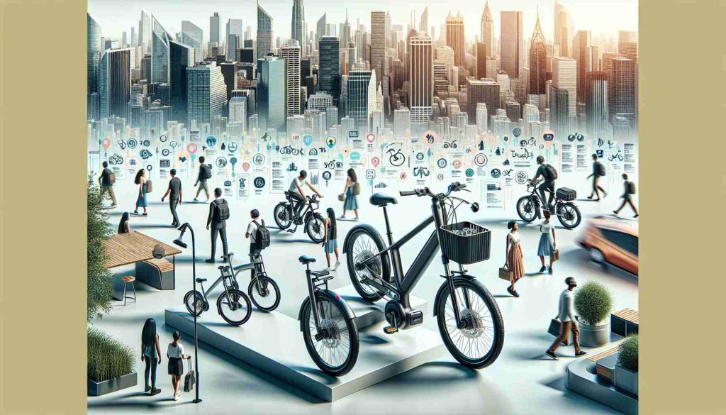 Generate a high-definition realistic image that represents the conceptual theme of 'Electric Bikes Taking Over Cities'. The image should depict several electric bikes with modern designs parked in various locations throughout a bustling cityscape. Additionally, include representation of a variety of people of different gender and descent using these electric bikes - men and women, individuals of Hispanic, Middle-Eastern, Caucasian, Black, South Asian descents, communicating a global perspective. To convey the informational aspect, possibly present an infographic style text or symbols integrated into the scene, illustrating key features of electric bikes or certain facts about them.