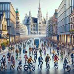 Create a highly detailed and realistic image that portrays the transformation of urban mobility in Europe through electric bikes. The scene should depict a busy city street in Europe, bustling with diverse individuals of various ages and professions. Half of them are women and the other half are men. People of different descents such as Caucasian, Hispanic, Black, Middle-Eastern, South Asian are all represented equally. Some of them are riding modern, sleek electric bikes, demonstrating the positive impact of this transformation. Important urban landmarks and European architecture should serve as the backdrop. The image should be in high definition.