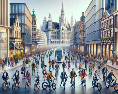 Create a highly detailed and realistic image that portrays the transformation of urban mobility in Europe through electric bikes. The scene should depict a busy city street in Europe, bustling with diverse individuals of various ages and professions. Half of them are women and the other half are men. People of different descents such as Caucasian, Hispanic, Black, Middle-Eastern, South Asian are all represented equally. Some of them are riding modern, sleek electric bikes, demonstrating the positive impact of this transformation. Important urban landmarks and European architecture should serve as the backdrop. The image should be in high definition.