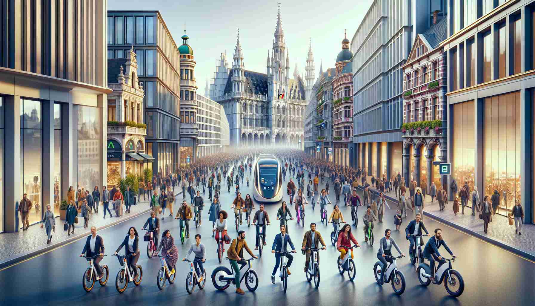 Create a highly detailed and realistic image that portrays the transformation of urban mobility in Europe through electric bikes. The scene should depict a busy city street in Europe, bustling with diverse individuals of various ages and professions. Half of them are women and the other half are men. People of different descents such as Caucasian, Hispanic, Black, Middle-Eastern, South Asian are all represented equally. Some of them are riding modern, sleek electric bikes, demonstrating the positive impact of this transformation. Important urban landmarks and European architecture should serve as the backdrop. The image should be in high definition.