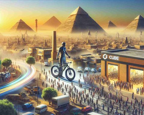 A realistic high-definition image depicting the brand Cube Bikes making an influential move into the Egyptian market. The scene encompasses a grand opening or a launch event showcasing their innovative bicycles. It includes lively local crowd, a magnificently decorated Cube Bikes store and piles of bicycles ready for distribution. The skyline is dominated with Pyramid silhouettes hinting at the location, while subtle signs suggest a bold shift in their production strategy.