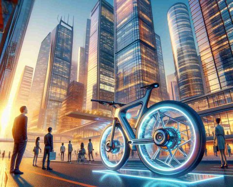 Imagine a high definition, realistic scene depicting the revolution of urban cycling. Perhaps there's an innovative bicycle, designed with futuristic aesthetics, ultra-lightweight material, and smart technology. The bicycle is parked on a city street. The surroundings are vibrant, filled with glass and steel skyscrapers reflecting the golden hue of the setting sun. People of various descents and genders are present, some looking curiously at the bicycle, pondering upon the future of urban transportation. The scene inspires the thought of an environmentally-friendly, emission-free and sustainable future for urban commuting.