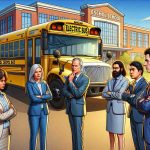 Create a high-definition, detailed image of an electric school bus parked amidst a school setting. The bus displays 'Electric Bus' in bold letters. Nearby, a diverse group of school officials - a Caucasian woman, a Hispanic male, a Middle-Eastern female and an Asian male - are having a concerned discussion, with folded arms and furrowed brows. Their professional attire signifies their roles. Behind them, the school building shines under the sun, the usual hustle-bustle of school life creates a dynamic background.