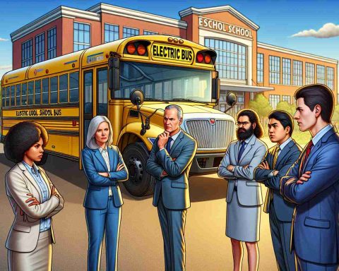 Create a high-definition, detailed image of an electric school bus parked amidst a school setting. The bus displays 'Electric Bus' in bold letters. Nearby, a diverse group of school officials - a Caucasian woman, a Hispanic male, a Middle-Eastern female and an Asian male - are having a concerned discussion, with folded arms and furrowed brows. Their professional attire signifies their roles. Behind them, the school building shines under the sun, the usual hustle-bustle of school life creates a dynamic background.