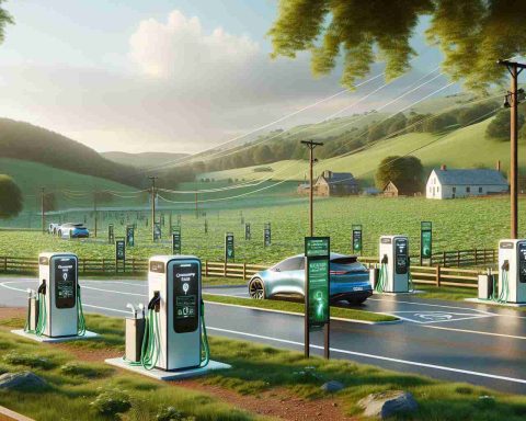 A high-definition, realistic visual representation of the future of green energy in a rural county setting. The scene depicts several state-of-the-art electric vehicle charging stations situated in a serene, green location. The stations are designed with cutting-edge technology and appear to be seamlessly integrated into the natural landscape. Signs at the stations offer information about the benefits of green energy and electric vehicles. The advancements in sustainable energy infrastructure are highlighted against the backdrop of traditional county elements such as rolling hills, a clear blue sky, and a few scattered, quaint buildings in the distance.