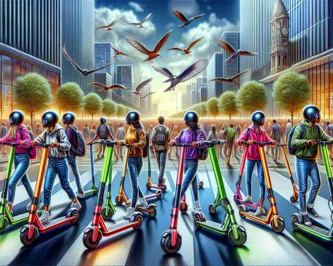 Detailed HD image showcasing the groundbreaking evolution in personal transportation represented by the emergence of electric scooters. The scooters are sleek, futuristic, and brightly painted. This innovation exists against a contrast of a modern urban backdrop and a bustling crowd, emphasizing its convenience for city life. A few people of varied descents: Hispanic, Caucasian, and South Asian, of different genders are riding them, with helmets for safety, showcasing the scooter's appeal across different demographics. The scene is vibrant, dynamic, and perfectly encapsulates the energy of a city embracing new modes of transport.