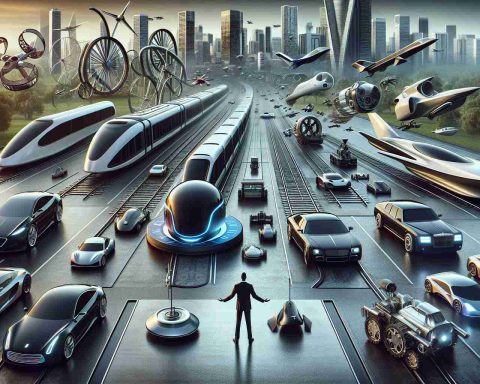 A high-definition realistic image representing the concept of revolutionary change in the field of transportation. The scene includes a variety of innovative vehicles such as electric cars, self-driving cars, hovercrafts, and high-speed trains. This transportation revolution is illustrated as part of a grand and visionary initiative to reshape mobility for future generations.