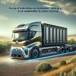 Let's create a photo-realistic image that emphasizes the focus of Renault Trucks on optimized battery size for sustainable electric trucking. The image should showcase a high-definition look at the expansive battery storage compartments, built for maximum efficiency and green trucking. The truck itself would embody a soothing color, inherent strength, and an impressive aerodynamic design, hinting at a sustainable future for transport. Capture a setting that's apt for this technological marvel - perhaps a landscape indicating the freedom it provides to cover vast distances with zero emissions.