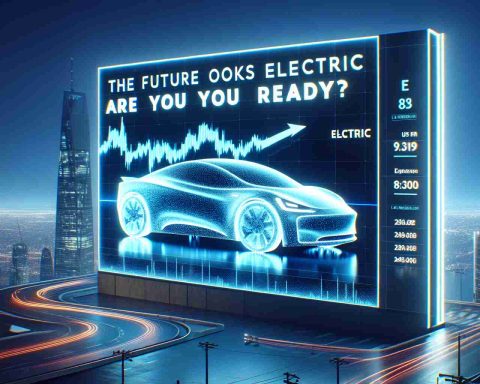 A realistic HD digital representation of a stock related to electric car innovation. The heading 'The Future Looks Electric. Are You Ready?' stretches across the top in bold, electric blue font. The stock's symbol is obscured, but the chart shows impressive growth, capturing the dynamic and forward-looking nature of the industry.