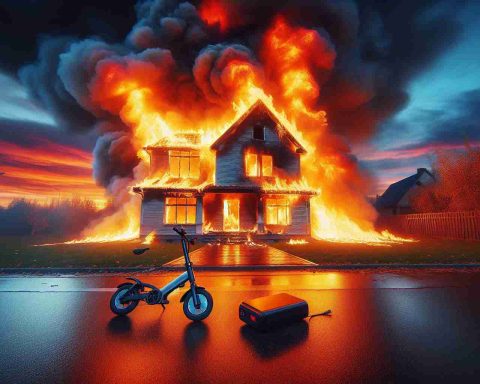 An intense and heartbreaking scene of a residential fire. Flames engulf a family home at twilight, throwing an aggressive orange glow against the darkening sky. Near the origin of the blaze, evidence of an e-Bike, its battery having caused the unfortunate incident. The fire demonstrates a shocking display of the destructive power of elemental forces unleashed, successfully capturing the tragic reality in high-definition.