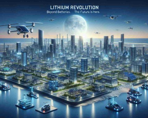 Create a realistic High-definition image representing the future of Lithium technology. Picture a world built on the power of Lithium and extending beyond just batteries. Depict advanced tech buildings, flying cars, and smart cities all powered by varying applications of Lithium. The scene should communicate a revolution in technology, underpinning a message that the future is truly here. Please integrate in the image somewhere the phrase: 'Lithium Revolution: Beyond Batteries. The Future is Here.'