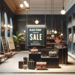 Create a high-definition, photorealistic image illustrating a special sale event with significant discounts. This event should feature signage that indicates it's a Black Friday sale. Also, include a display of various luxury goods which could be typical of a high-end store named 'Radley'.