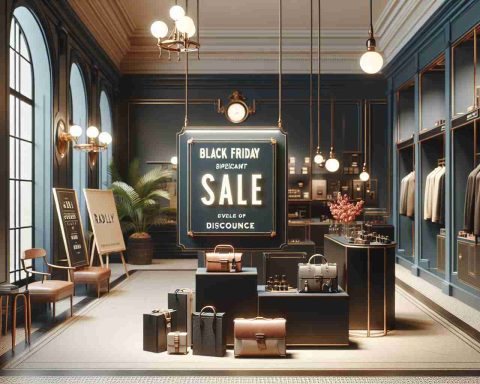 Create a high-definition, photorealistic image illustrating a special sale event with significant discounts. This event should feature signage that indicates it's a Black Friday sale. Also, include a display of various luxury goods which could be typical of a high-end store named 'Radley'.