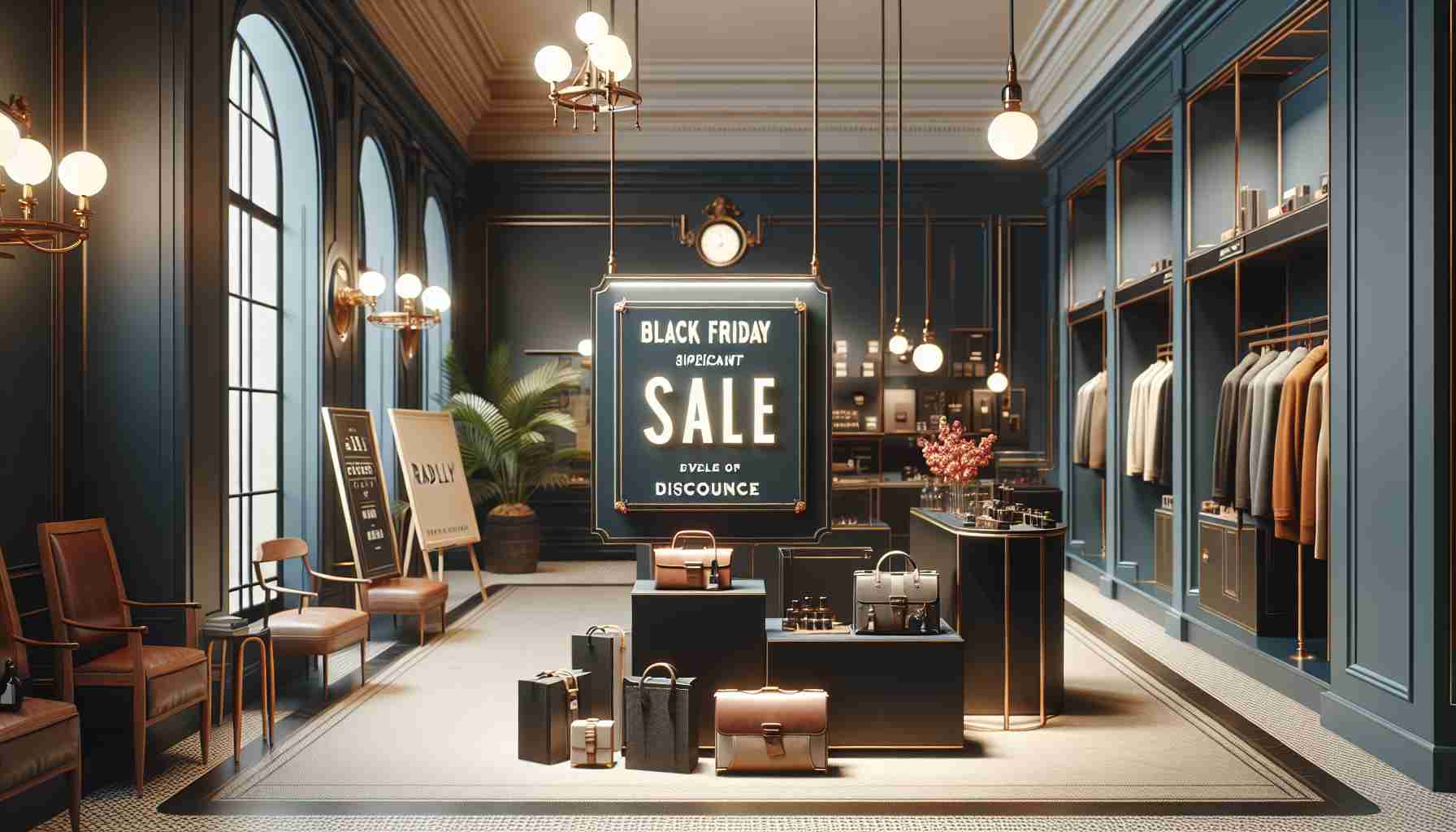 Create a high-definition, photorealistic image illustrating a special sale event with significant discounts. This event should feature signage that indicates it's a Black Friday sale. Also, include a display of various luxury goods which could be typical of a high-end store named 'Radley'.