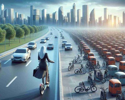 Realistic high-definition image of a city landscape showing two contrasting scenarios. On one side of the image, depict a smoothly flowing traffic scene with a solitary rider on an electric bike (E-bike). The rider is a Middle-Eastern woman, dressed smartly for office, gracefully operating the E-bike, suggesting the positive aspects of E-bikes as future urban transport. On the other side, visualize a cluttered cityscape with numerous E-bikes haphazardly parked, causing an obstruction and indicating the potential nuisance they could create.