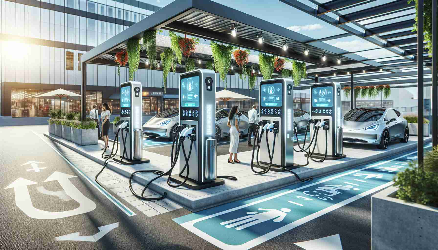 Generate a realistic high-definition image showcasing cutting-edge safety solutions implemented at a modern electric vehicle charging station. The scene may display several electric charging plugs with multiple indicator lights, advanced on-screen instructions or safety measures, emergency cut-off switches, sturdy waterproof housing for the charging equipment, slip-proof flooring around the area, and clear way markers or safety signage. Climate adaptations such as shades to protect from sun or heating elements for cold climates should be visible. We might have a diverse crowd of people, including a middle-eastern woman and a hispanic man using the facility, depicted in a safe and efficient manner.