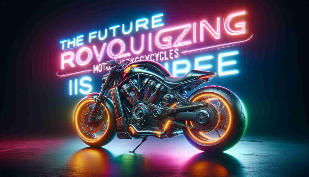 A high-definition, realistic image of a latest model motorcycle from a fictional brand named 'Adam Motorcycles'. The motorcycle stands for revolutionizing rides and the tagline 'The Future is Here' flashes around it in bright, bold neon colors. The motorcycle is richly detailed, showcasing its advanced features that set it apart from traditional bikes, hinting at innovations of the future.