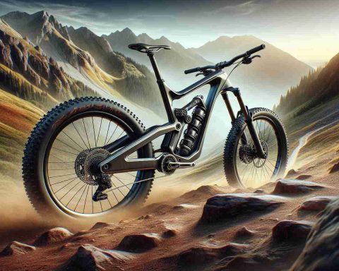 A high-definition, realistic image showcasing a revolutionary concept in mountain biking. The center of the image features a groundbreaking mountain bike, dubbed the TP4-R. It's a strikingly modern design with advanced features unknown in current biking technology. The background depicts a challenging terrain: rugged mountains, steep slopes, and harsh trails. The bike is portrayed as effectively navigating these treacherous paths, demonstrating its revolutionary capabilities.