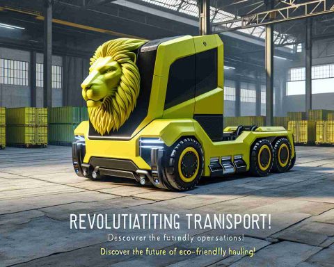 A realistic and high-definition image of a futuristic, eco-friendly transportation vehicle. The vehicle is designed to resemble a lion, showcasing strength and power, the color is bright yellow symbolizing energy and enthusiasm. It incorporates electric technology for operations, signifying its purpose to revolutionize transport and promote environmentally conscious hauling. This industrial-grade vehicle is at rest in a large, industrial yard. Text alongside the vehicle reads: 'Revolutionizing Transport! Discover the Future of Eco-Friendly Hauling'