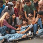 Realistic, high-definition visual representation of a diverse community gathering together to support an injured skateboarder. Show a mixed gender group of individuals of various descents such as Caucasian, Hispanic, Black, Middle-Eastern, and South Asian. Showcase the unity and concern of these individuals as they tend their wounded friend who is a young male skateboarder. Don't forget the emotional and supportive ambience of the scene.