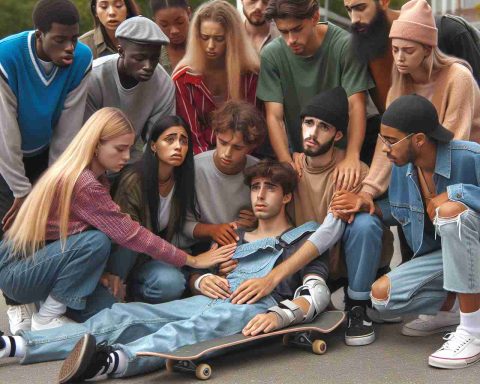 Realistic, high-definition visual representation of a diverse community gathering together to support an injured skateboarder. Show a mixed gender group of individuals of various descents such as Caucasian, Hispanic, Black, Middle-Eastern, and South Asian. Showcase the unity and concern of these individuals as they tend their wounded friend who is a young male skateboarder. Don't forget the emotional and supportive ambience of the scene.