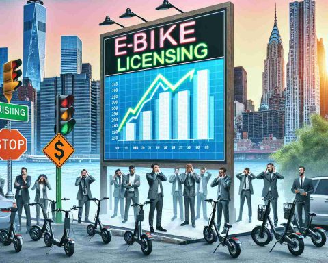 A high definition, realistic image presenting a scene in New York City that reflects an issue regarding E-Bike Licensing. The image might include parked E-Bikes, strict traffic signs, stressed look on people's faces and a big board displaying the rising costs in an infographic format. The city's iconic skyline with skyscrapers should form the backdrop to portray the urban setting.