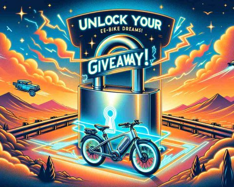 Create an image that depicts the concept of 'Unlock Your E-Bike Dreams!' This image should include an illustration signifying an unlocked padlock and a gleaming, high-definition e-bike, with the copy 'Don't Miss This Giveaway' clearly visible. The background should be filled with symbols of freedom and adventure, such as open roads and scenic landscapes to give a feeling of limitless possibilities.