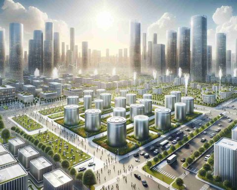 A high-definition, realistic depiction of a future era of energy production termed as the 'Accumulator Era'. The image includes advanced energy storage units, or accumulators, that efficiently store excess electricity generated from renewable energy sources, placed all over a vibrant and thriving cityscape. The city buildings are designed with sleek and futuristic architecture, dotted with green spaces. In the sky, the sun shines brightly, signifying a clear, pollution-free day. People of different genders and descents are seen moving about, signifying the diversity of the human populace, all living in harmony, expressing contentment with this revolutionary energy era.