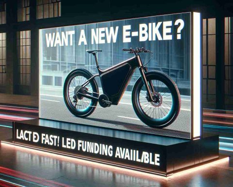 Depict a detailed, high-definition image of a newly-released, cutting-edge e-bike. The electronic bicycle is showcased in a captivating setting, drawing attention to its sleek design. Accompany the e-bike with a bold, eye-catching banner or sign that says 'Want a New E-Bike? Act Fast! Limited Funding Available'. Ensure the sign is prominent but does not overshadow the e-bike. The overall atmosphere should incite urgency and excitement.