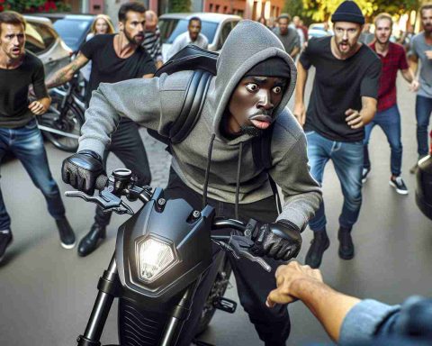 Realistic high-definition image of a thief, of Black descent and male, being caught in the act. He is attempting to steal a slick, high-powered electric bike in the middle of a busy day. The expression on his face reveals the surprise and fear of being caught, as the onlookers around witness the event unfold in broad daylight.