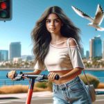 Realistic HD image of a local Hispanic female teenager riding an electric scooter to advocate for environmentally-friendly transportation in the streets of San Diego. She is characterized by her determined expression and casual, trendy clothing. The background vividly captures the cityscape of San Diego on a bright, sunny day.