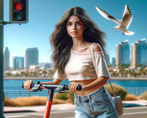 Realistic HD image of a local Hispanic female teenager riding an electric scooter to advocate for environmentally-friendly transportation in the streets of San Diego. She is characterized by her determined expression and casual, trendy clothing. The background vividly captures the cityscape of San Diego on a bright, sunny day.