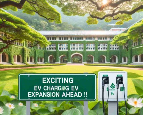 Create a high-definition image depicting the exciting development of a university's environmental policies. Show a lush, verdant campus where brand-new electric vehicle charging stations have been installed, highlighting a decisive shift towards sustainable transportation. Incorporate clear signs reading 'Exciting EV Charging Expansion Ahead!'. Let the enthusiastic ambiance reflect a hopeful future and green initiatives taken by the education institution.